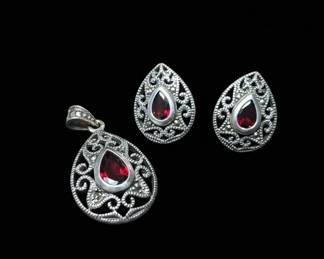 Vintage Sterling Silver Garnet and Marcasite Teardrop Pendant and Earrings Set