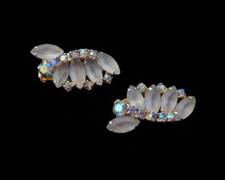 Vintage MidCentury Frosted Glass and Aurora Borealis LeafShaped ClipOn Earrings