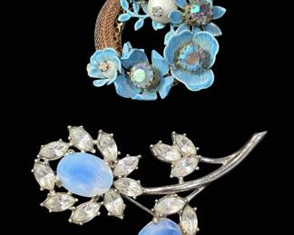 Vintage Costume Jewelry Brooch Pair Enamel Floral Wreath and MoonstoneEffect Floral Spray