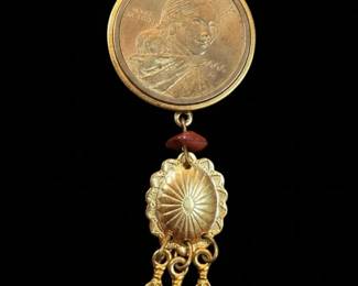 Sacagawea Dollar Pendant Necklace with Feather Charms and Red Stone Accents