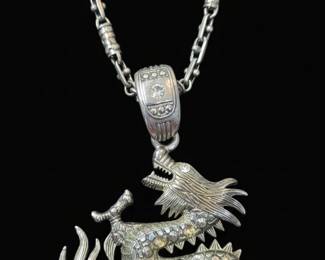 Vintage Silver Tone Dragon Pendant Necklace with Rhinestones