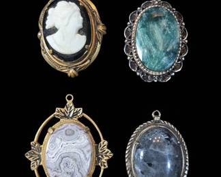 Collection of Four Vintage Decorative Pendants Cameo, Seraphinite, Agate, and Labradorite
