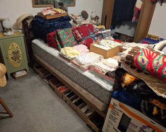 Full Size Bed, Ladies Clark and Sketchers Shoes and More Linens!