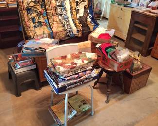 3 Great Tapestries, Vintage Cedar Chest, Tablecloths and Old Baby Clothes!