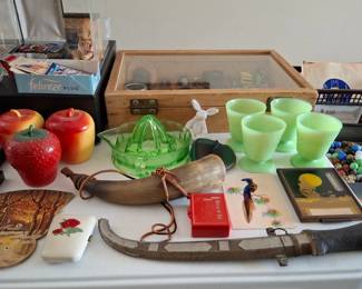 Jadite Dessert Cups, Hazel Alas Fruit Jars, Powder Horn, Uranium Juicer and an Upward Curving Sword!