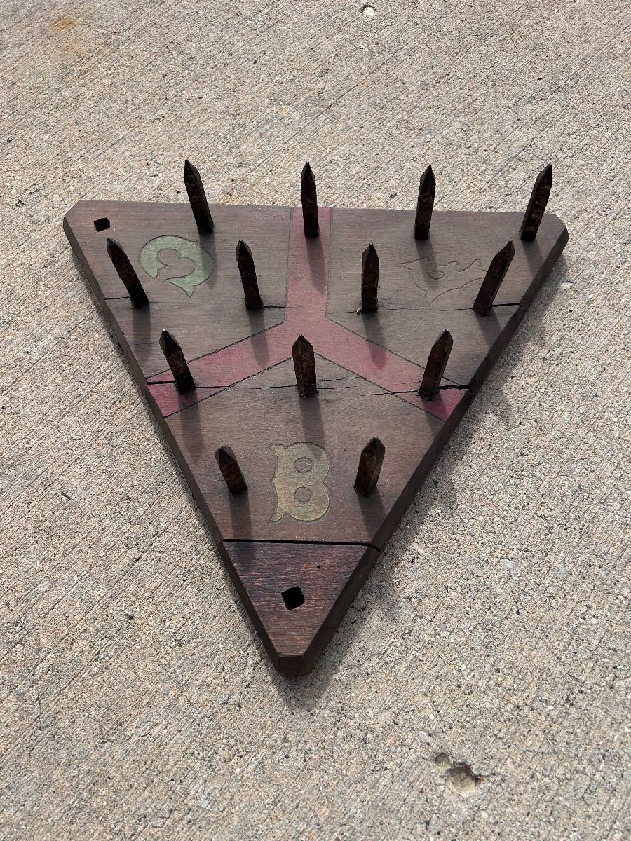 Circa 1900, an interesting Knights of Pythias (or the Order of Odd Fellows) known as a "Test of Steel" board for the "Knight" rank initiation ritual. Used in secret ritual ceremonies to test a canidte's courage before a harmless duplicate soft spikes switch was made.