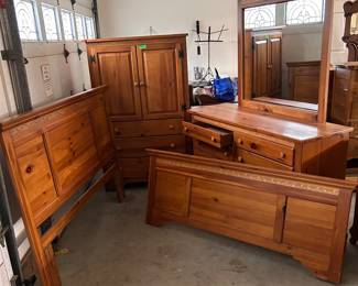 Multi piece pine bedroom set - complete with side rails and mattress supports boards.