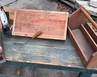sample of the numerous tools, the Craftsman wood plane and the Baileys  #5 wood plane,  a couple of carryalls, (one was made from a JAMESWAY wood crate.)