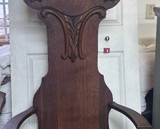 Tiger Oak/quarter sawn oak hall tree with bench built-in bench, coat hooks beveled mirror and carved details