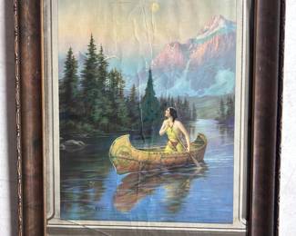 Vintage framed  American Native maiden - Home Lumber Co. Jefferson, WI advertising calendar topper - Zula Kenyon art