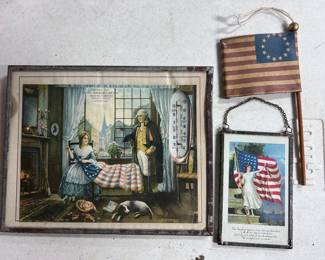 On the left - ‘Birth of the Flag’  promoted by Gust. Sieber Fur Co. (N. 3rd St . In Milwaukee was changed to Martin Luther King Blvd..), WW1 patriotic postcard, a 13 star flag