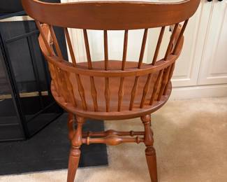 F2 - $100. Nichols & Stone Co. Maple Windsor Chair. Very sturdy. Has wear on the arm rests mostly. Measures 24" wide x 21" deep x 33" tall. Floor to Seat is 17.5".