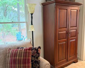 F32 - $125. Armoire. Measures 44.75" wide, 23.5" deep, 76.25" tall. Has been used for linen storage. In very good condition.