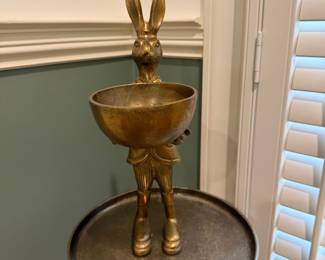 F60 - $30. Decorative Metal 14" Rabbit Holding a Bowl. Was used for catching keys.
