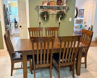 F1 - $450. Dining Table + 6 Chairs with 2 Butterfly Leaves "Latitude Tree Furniture". Table is 63.5" x 38" x 29" tall. Each leaf adds an additional 18". Table + Chairs are in excellent condition. Chairs are 19" wide x 20" deep x 40.5" tall. Floor to Seat is 19.5".