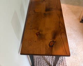 F24 - $45. Wooden Entry Table. Measures 34" wide, 13.75" deep, 29.5" tall.