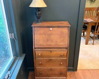 F9 - $125. Small Secretary Desk. Measures 22" wide x 13" deep x 42" tall. Solid Wood.