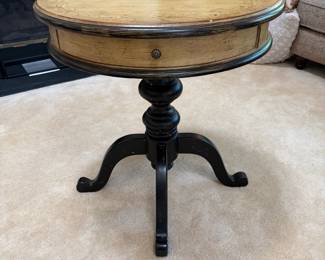 F28 - $65. Round Side Table with Single Drawer. Measures 28" round, 29.5" tall.