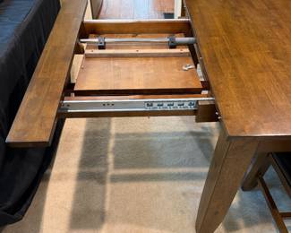 F1 - $450. Dining Table + 6 Chairs with 2 Butterfly Leaves. Table is 63.5" x 38" x 29" tall. Each leaf adds an additional 18". Table + Chairs are in excellent condition. Chairs are 19" wide x 20" deep x 40.5" tall. Floor to Seat is 19.5".