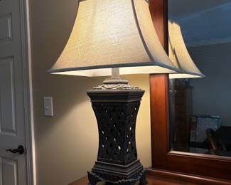 F38 - $30. Table Lamp. Measures 31" tall, 13" deep with shade
