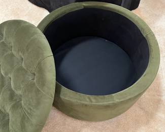 F13 - $45. Green Storage Ottoman. Measures 27" round x 16.5" tall. Very Good condition.
