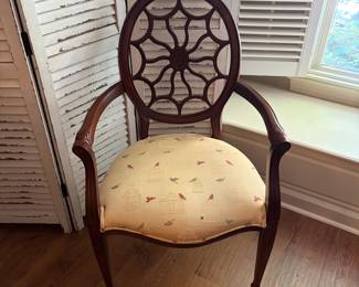 F39 - $185. Single Cobweb Back Chair. Measures 26.25" wide, 24" deep, 41" tall, 20" seat height. Sturdy chair and upholstery is good with one stain.