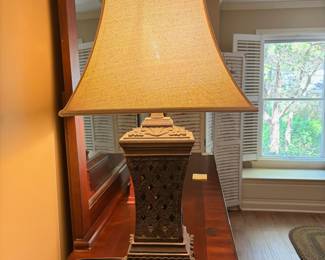F38 - $30. Table Lamp. Measures 31" tall, 13" deep with shade