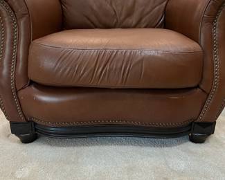 F4 - $795. Robinson & Robinson Leather Chair & Ottoman with antiqued nailhead trim. Both pieces are in excellent condition. Very comfortable!Chair measures 44" x 36" x 36.5" tall. Floor to seat is 19". Ottoman measures 29" wide x 25.5" deep x 17" tall.