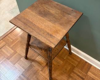 F45 - $60. Antique Wooden Side Table. Measures 16" 16 square, 26.5" tall. Overall very sturdy.