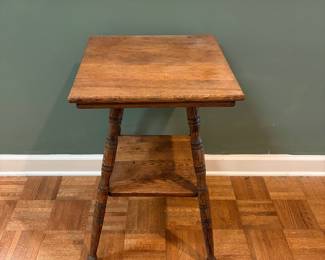 F45 - $60. Antique Wooden Side Table. Measures 16" 16 square, 26.5" tall. Overall very sturdy.