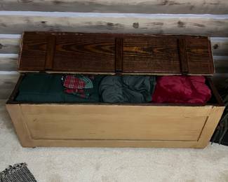 F52 - $125. Small Primitive Chest / Bench. Opens for storage.