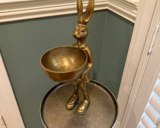 F60 - $30. Decorative Metal 14" Rabbit Holding a Bowl. Was used for catching keys.