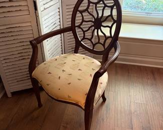 F39 - $185. Single Cobweb Back Chair. Measures 26.25" wide, 24" deep, 41" tall, 20" seat height. Sturdy chair and upholstery is good with one stain.