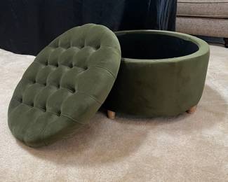 F13 - $45. Green Storage Ottoman. Measures 27" round x 16.5" tall. Very Good condition.