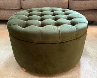 F13 - $45. Green Storage Ottoman. Measures 27" round x 16.5" tall. Very Good condition.