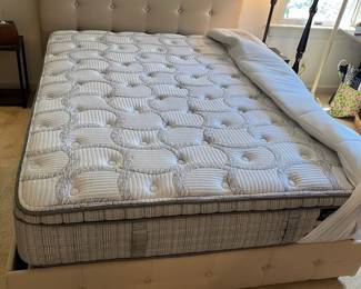 F68 - $250. Queen Bed. Headboard Measures 64" x 38.5" tall. Includes clean King Koil Luxury Mattress if you want it! Does NOT use a box spring.