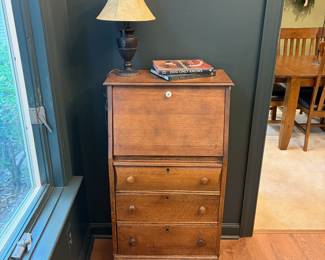 F9 - $125. Small Secretary Desk. Measures 22" wide x 13" deep x 42" tall. Solid Wood.