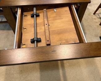 F1 - $450. Dining Table + 6 Chairs with 2 Butterfly Leaves. Table is 63.5" x 38" x 29" tall. Each leaf adds an additional 18". Table + Chairs are in excellent condition. Chairs are 19" wide x 20" deep x 40.5" tall. Floor to Seat is 19.5".