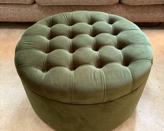 F13 - $45. Green Storage Ottoman. Measures 27" round x 16.5" tall. Very Good condition.