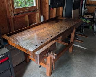 F99 - $1,750. Antique Carpenter's Bench. Has been used in the house as a decoration, serving station, and was moved out to sell the home. CLEAN! and in beautiful antique condition!