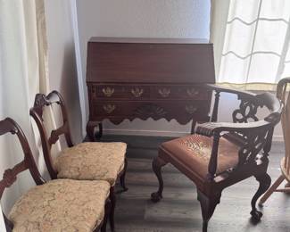 Queen Anne style secretary desk and 3 chairs