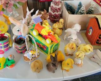 Vintage Easter.  Friction car, flocked chick's, etc