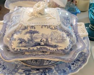 Antique tureen, serving platter, and other pieces