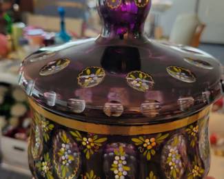 Bohemian or Czech hand painted covered jar