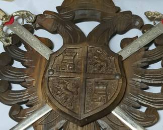 Vintage Carved Wood Double-Headed Eagle Coat of Arms Wall Plaque with Decorative Swords