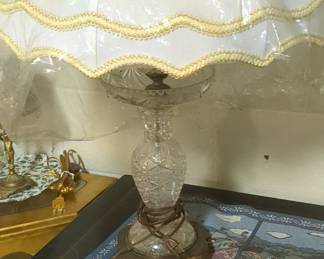 Vintage Cut Lead Crystal Table Lamp with Brass Base