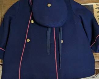 Vintage Children's Navy Blue Wool Sailor-Style Jacket and Cap with Red Piping