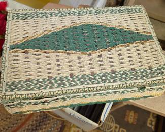 Vintage Woven Sewing Basket with Decorative Lid