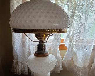 Vintage Milk Glass Hobnail Student Lamp with Wood Base