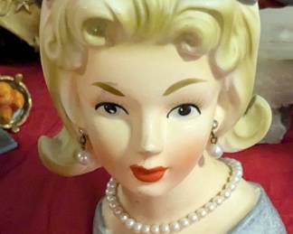 Mid-Century Ceramic Lady Head Vase with Pearl Necklace and Earrings